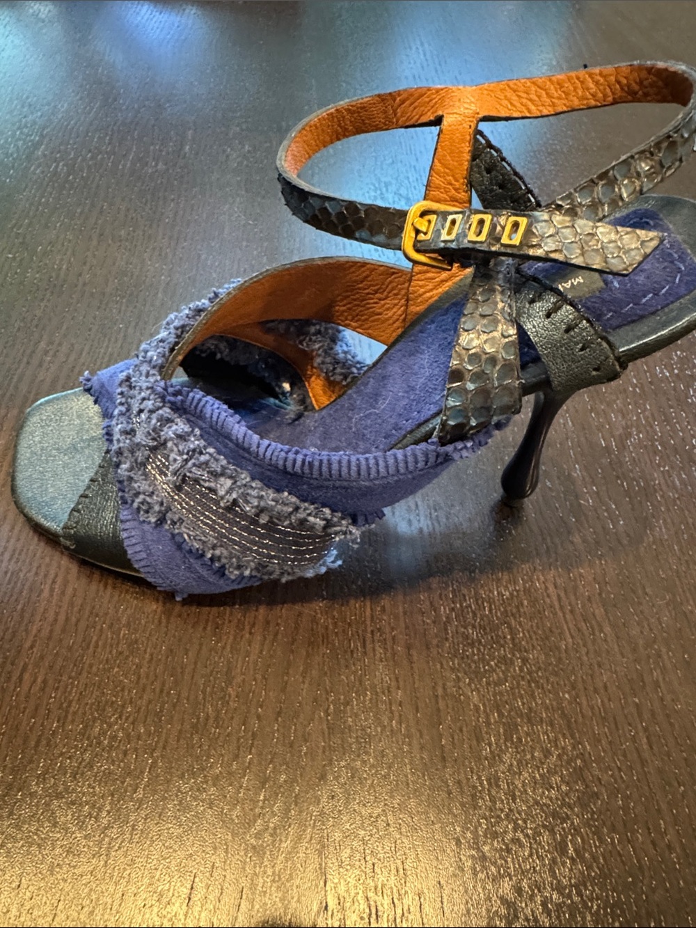 Marc Jacobs Navy Blue Textured Slingback Sandals with Snakeskin Straps